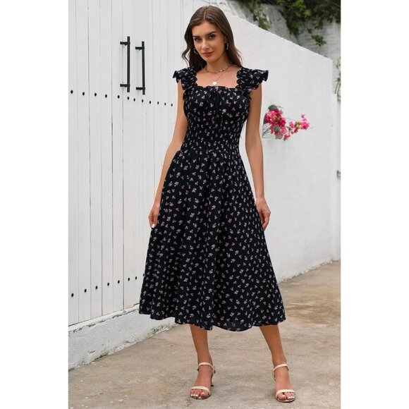 Women's Flowy Maxi Dress Summer Ruffle Square Neck Smocked Waist Beach - Picture 4 of 6